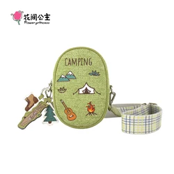 Flower Princess Camping Bolsa Crossbody para telefone, Linho de imitação, Ombro largo, Mini sacos pequenos para telefone, Tendência da moda, Primavera, 2024