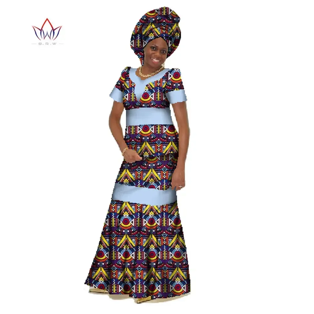 

BRW New Style Africa Print Women 2 Piece Outfit Sets Bazin Riche Plus Size African Clothes Dashiki Short Sleeve Skirt Sets WY061