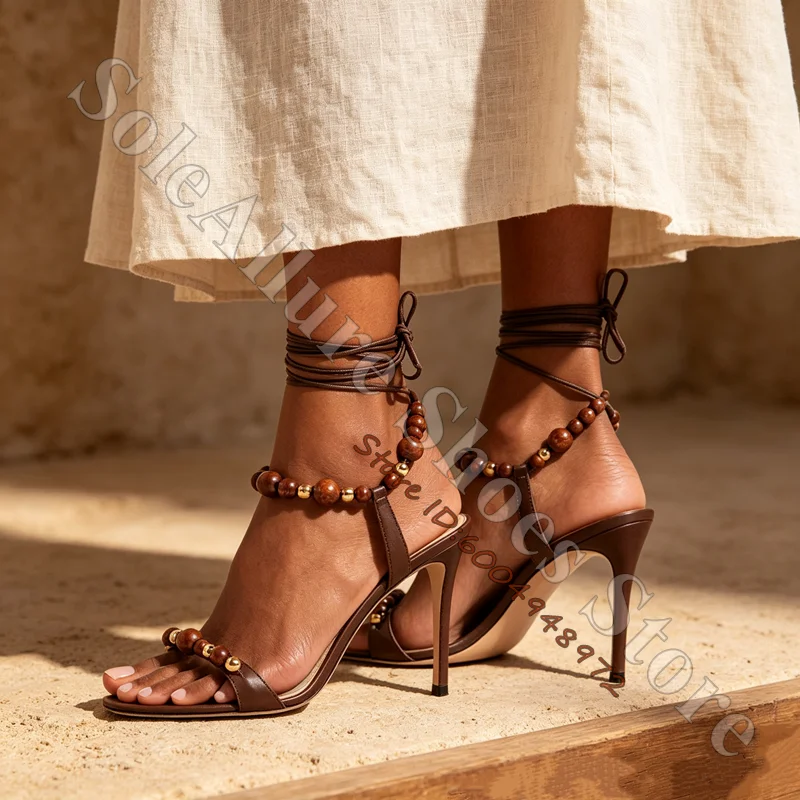 Metallic Gold Leather Wood Bead Ankle Wrap Stilettos Multi Strands Lace-Up Open Toe Wooden Ball Sandals Boho Luxury Lady Sandals