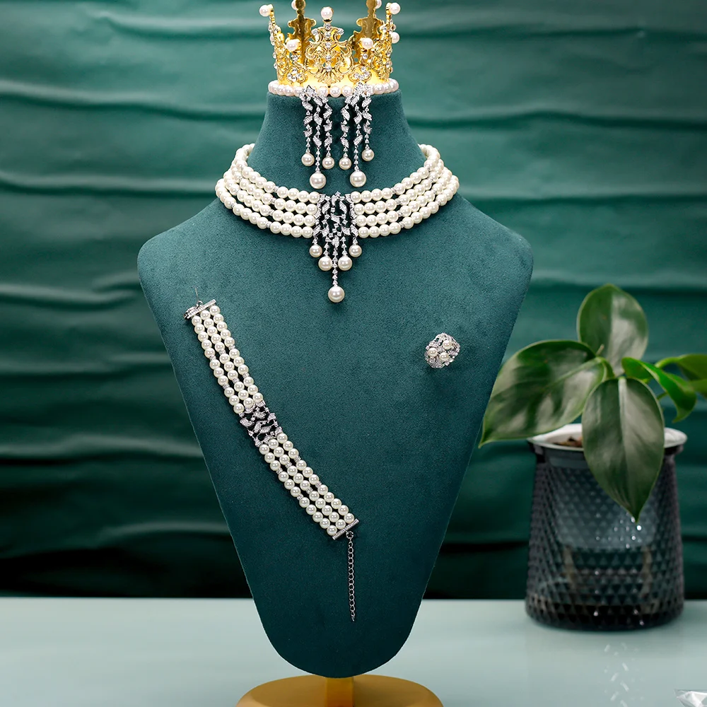 Trendy Choker Imitation Pearl Choker Elegant Cubic Zirconia Necklace 4PCS High Quality Dubai Women Bride Wedding Jewelry