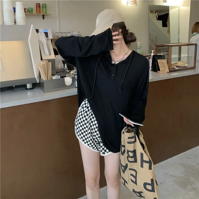 Elegant Drawstring Solid T-shirt Spring Autumn 2022 New Streetwear Long Sleeve Hooded V-Neck Loose Pullover Top Women\'s Clothing