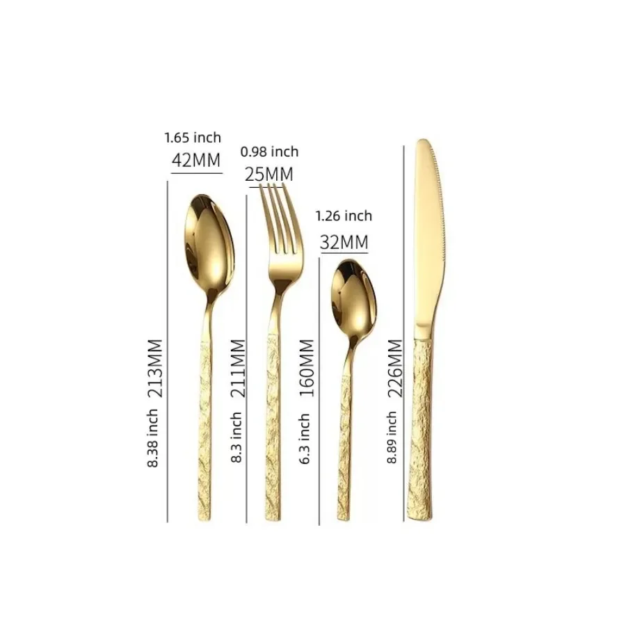 24pcs Stainless Steel Gold Cutlery Set Stone Grain Handle Knives Fork Tea Spoons Tableware Dinnerware Silverware Dishwasher Safe