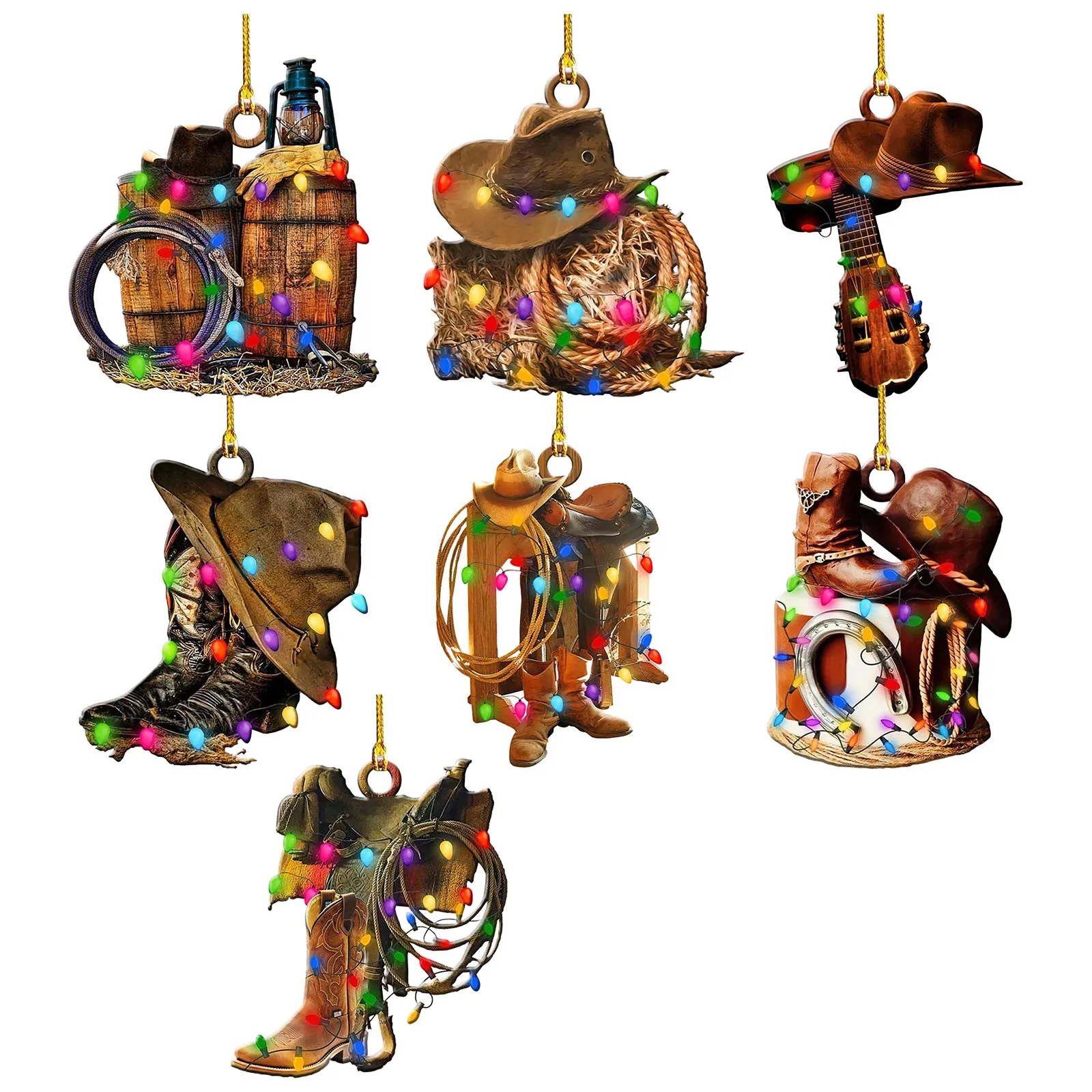 Cowboy Cowgirl Pferd Liebhaber Hut Stiefel Wild West String Lichter 2d Flachwagen Rückspiegel Zubehör Weihnachts baum Ornament Spielzeug