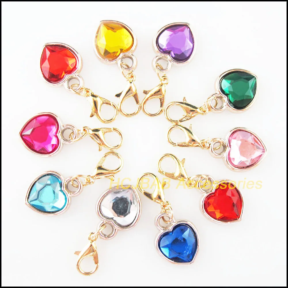 20Pcs KC Gold Plated Mixed Acrylic Heart With Lobster Claw Clasps Charms 12.5x16.5mm
