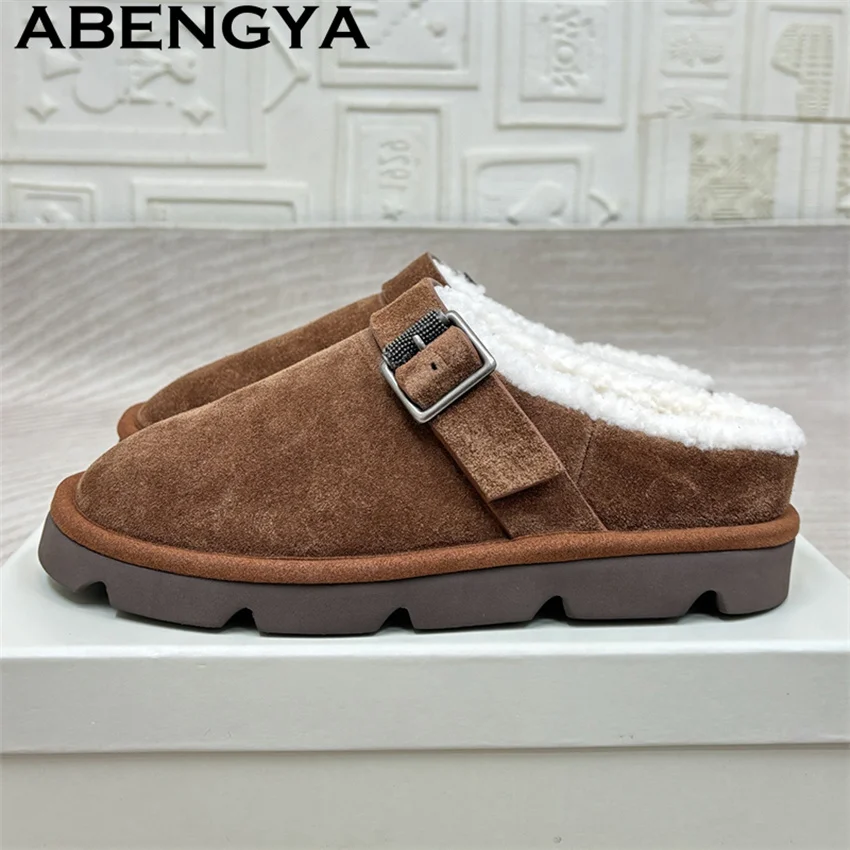 الشتاء جولة التفاف تو الصوف الفراء نعال مسطحة النساء جلد الغزال الحقيقي الدافئة سميكة البغال عادية النعال Zapatos de Mujer
