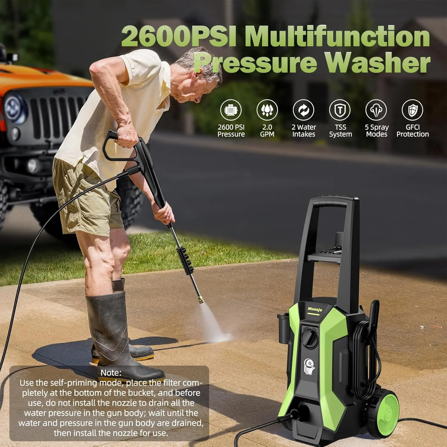 Washer, 2600PSI Max 2.0 GPM Power Washer with 4 Nozzles, Foam Cannon & Spray Gun, IPX5 High Pressure Washer wi