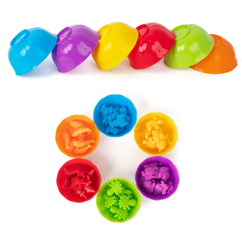 Arco-íris das crianças contando borracha macia animal correspondência cor brinquedos classificação de cores tigela clipes montessori auxiliares de ensino