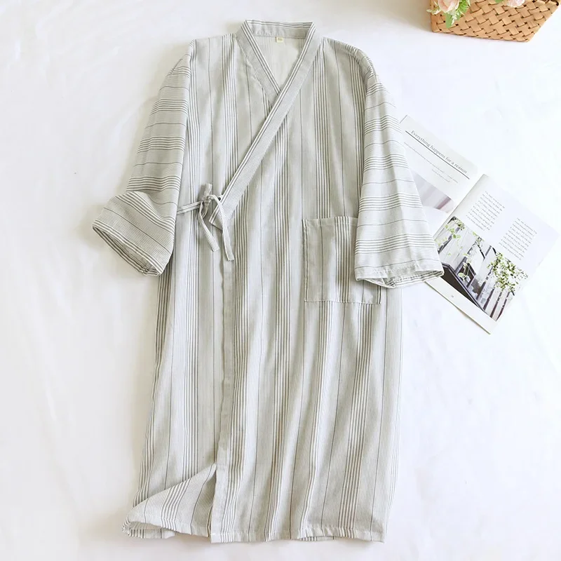 Japanese Kimono Nightgown Women's Summer Cotton Gauze Loose Loungewear Pajamas Men's Woven Striped Bathrobe Home Robes