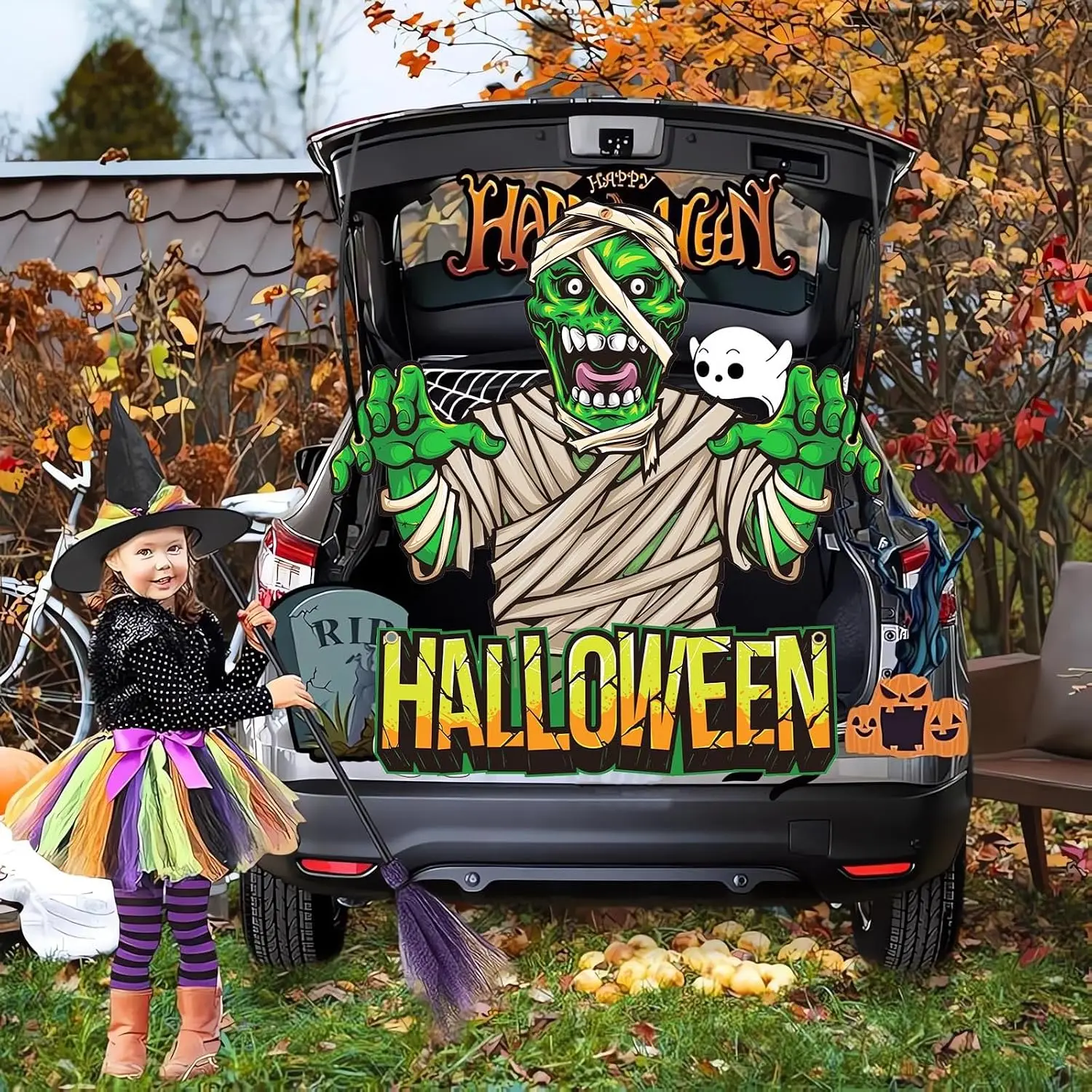 Halloween Zombie Trunk Treatment Car Decoration Kit SUV Banner Arch for Garage Door Outdoor Car Trunk Decor