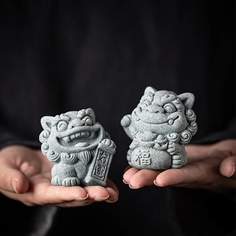 Creative China-Chic Stone Lion A Pair of Tea Pet Ornaments Wealth Lucky Bag Chinese Home Desktop Fish Tank Potted Ornaments