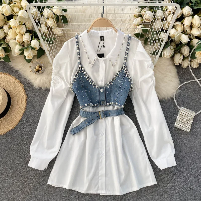 Spring 2023 New Temperament Blouse Female Lapel Beaded Stacking Bead Blusa Sling Waistcoat C Fashion Two-piece Shirt Dropship OI