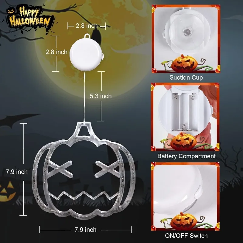 

Halloween Decoration 2025 3-Piece Set Orange Pumpkin White Ghost Purple Bat Window Light with Suction Cup