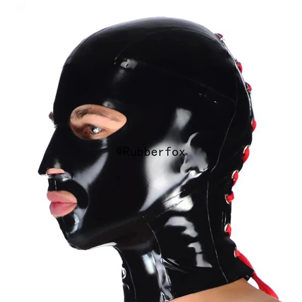 

Индивидуальный унисекс латексный капюшон со шнуровкой сзади и открытыми глазами, резиновая маска ручной работы, клубная одежда, костюм