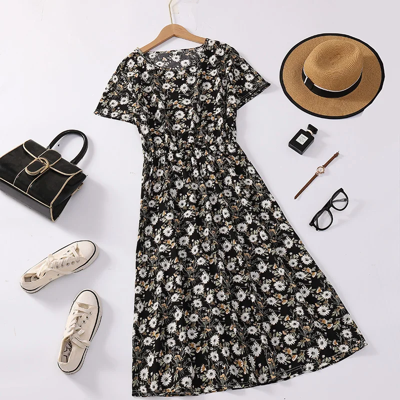 

Платье миди с цветочным принтом, приталенное, с коротким рукавом, для мам, для женщин среднего возраста, летнее, модное, повседневное, из полиэфирного волокна