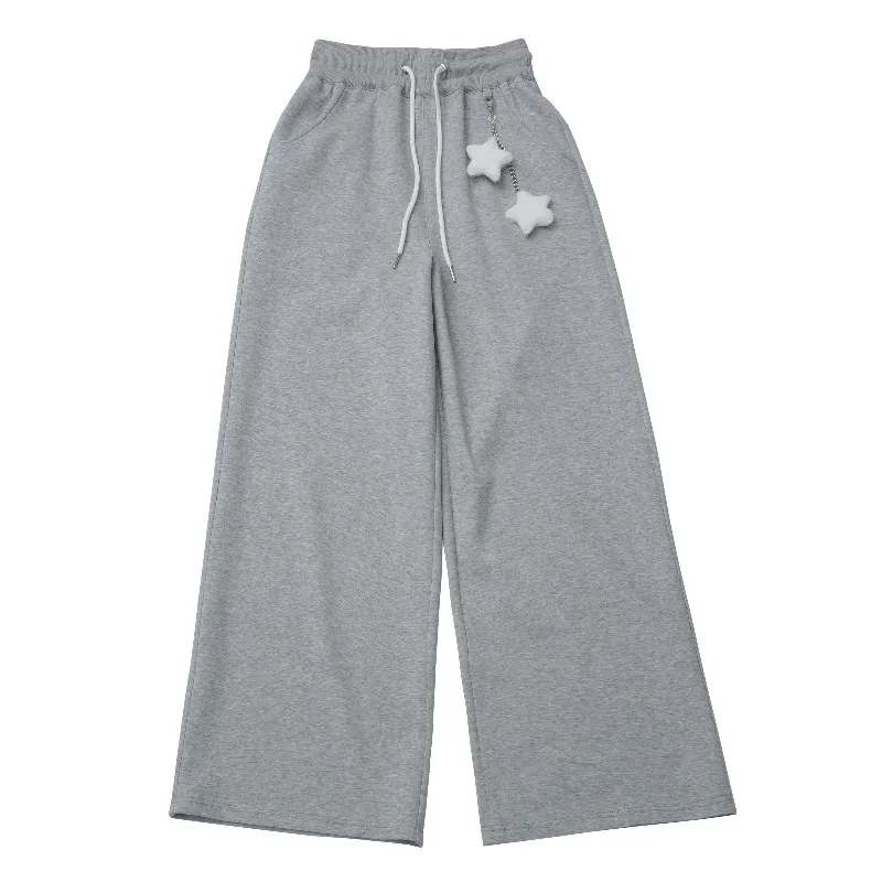 Fashion New Cool Straight Wide-Leg Stretchy Draped Autumn Winter Sweatpants Black Gray Slimming Trousers With Pendant For Ladies
