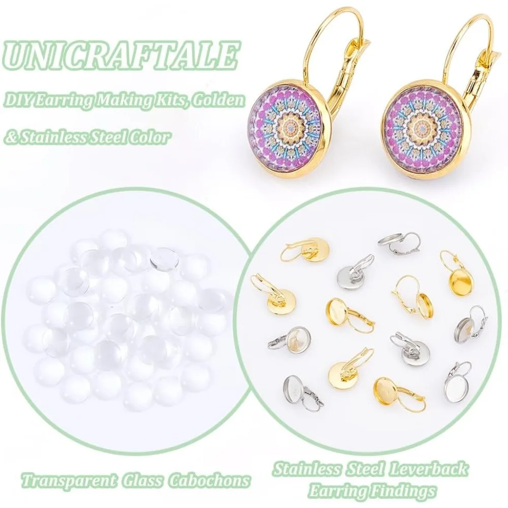 40 مجموعات 2 ألوان 304 الفولاذ المقاوم للصدأ Leverback القرط الحافة صينية 12 مللي متر شقة مستديرة فارغة كبوشن صينية مكونات القرط