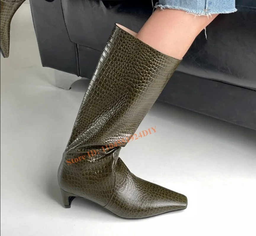 

Sexy Green Alligator Pattern Long Boots Women Square Toe Kitten Heel Knee High Boot Snake Pattern Knight Boots