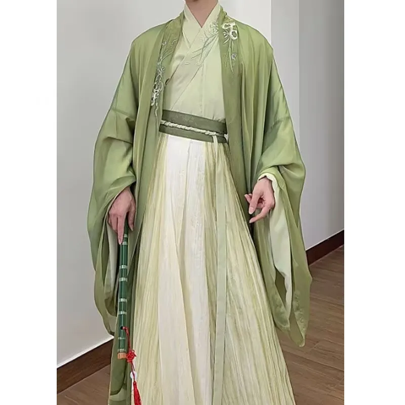 韓服男性中国の伝統的なヴィンテージグリーン刺繍韓服-3-個ハロウィンコスプレ衣装男子学生パーティー韓服衣装