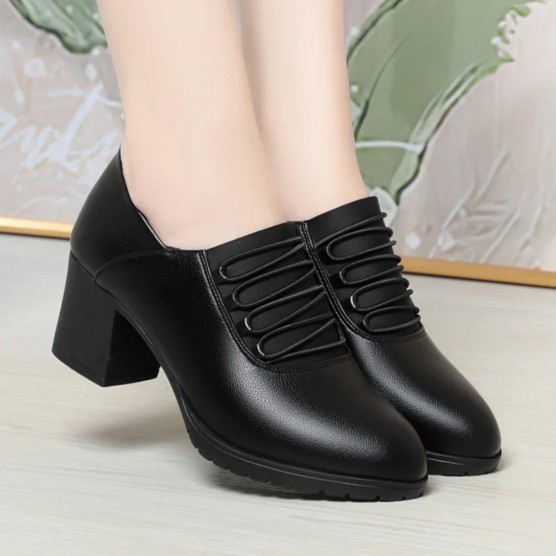 

Autumn Winter Soft Sole Soft Leather Comfortable Thick Heel Shoes Middle Deep Mouth Fashion Women's Elegant Single Shoes