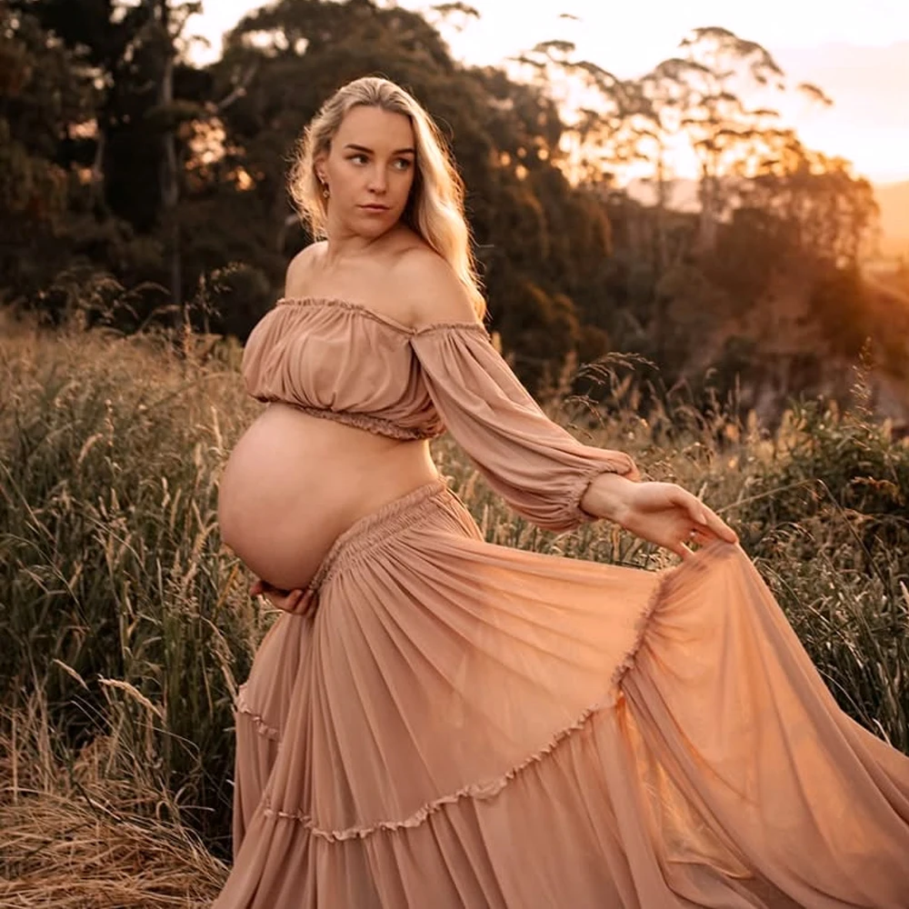 Maternity Dresses For Baby Showers Elegant Chiffon Long Sleeved Two-Piece Set Bohemian Photo Shooting Pregnancy Dress