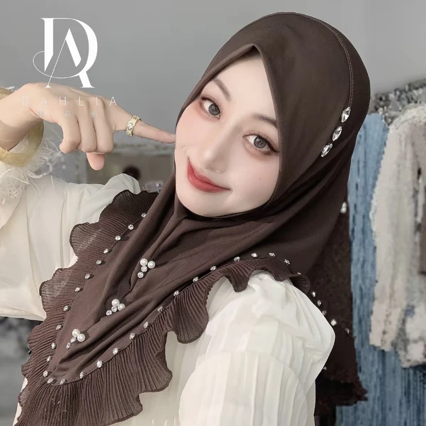 Ruffled Moslem Hijab Instant Ready to Wear Elegant Girls Headscarf 5