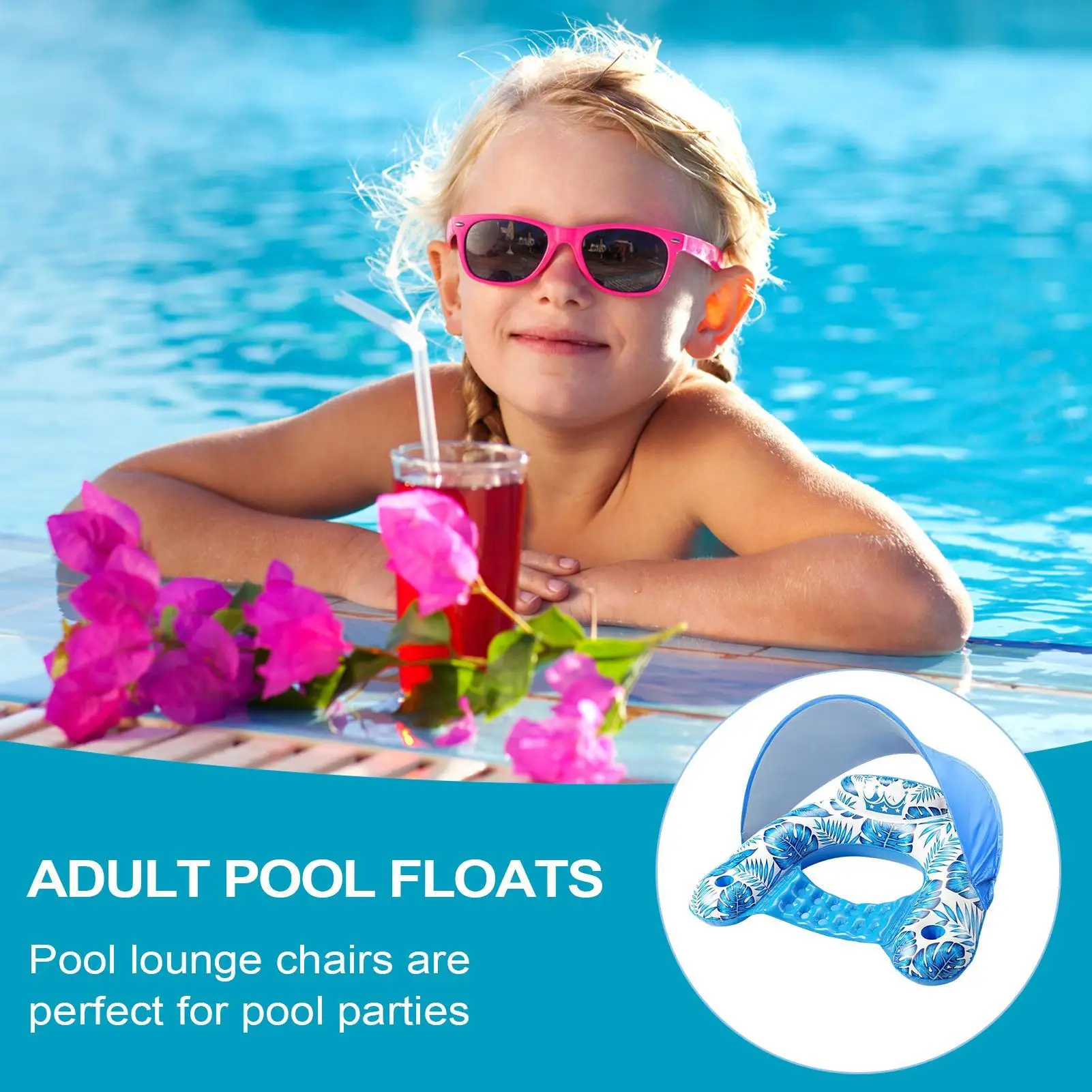 Flotador con dosel para piscina, flotador con sombra, balsa resistente para adultos con soporte, flotador de agua para nadar, río, playa, bronceado al aire libre