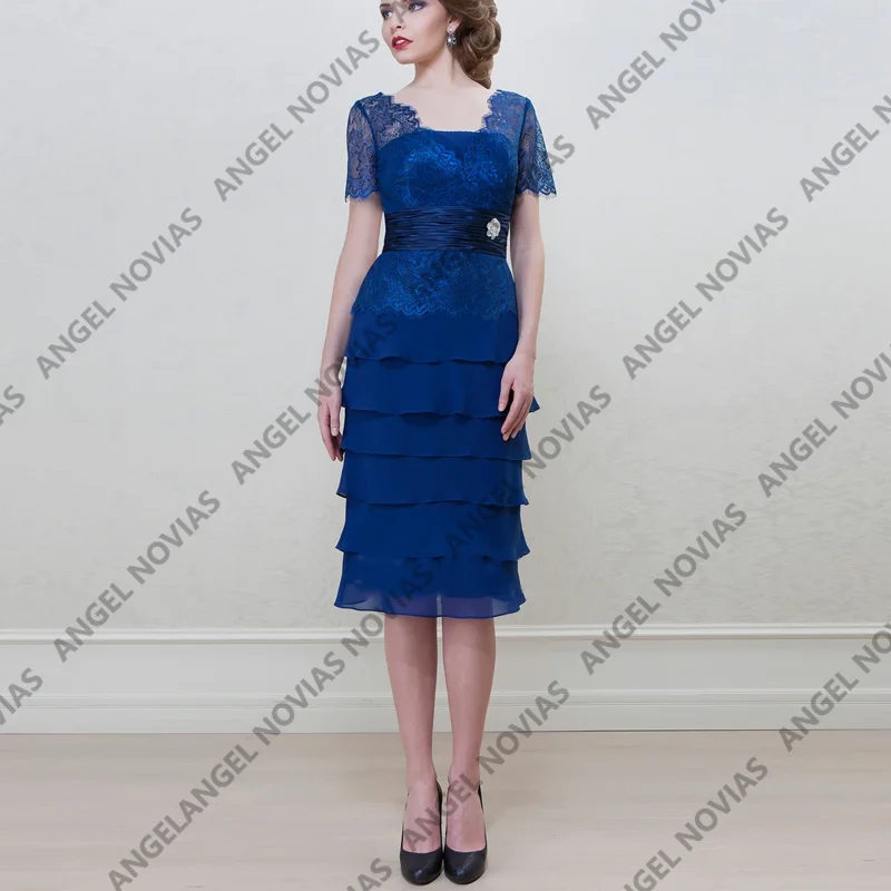 

Short Knee Length Tiered Skirt Royal Blue Mother of the Bride Dresses Customized Wedding Party Guest Dress
