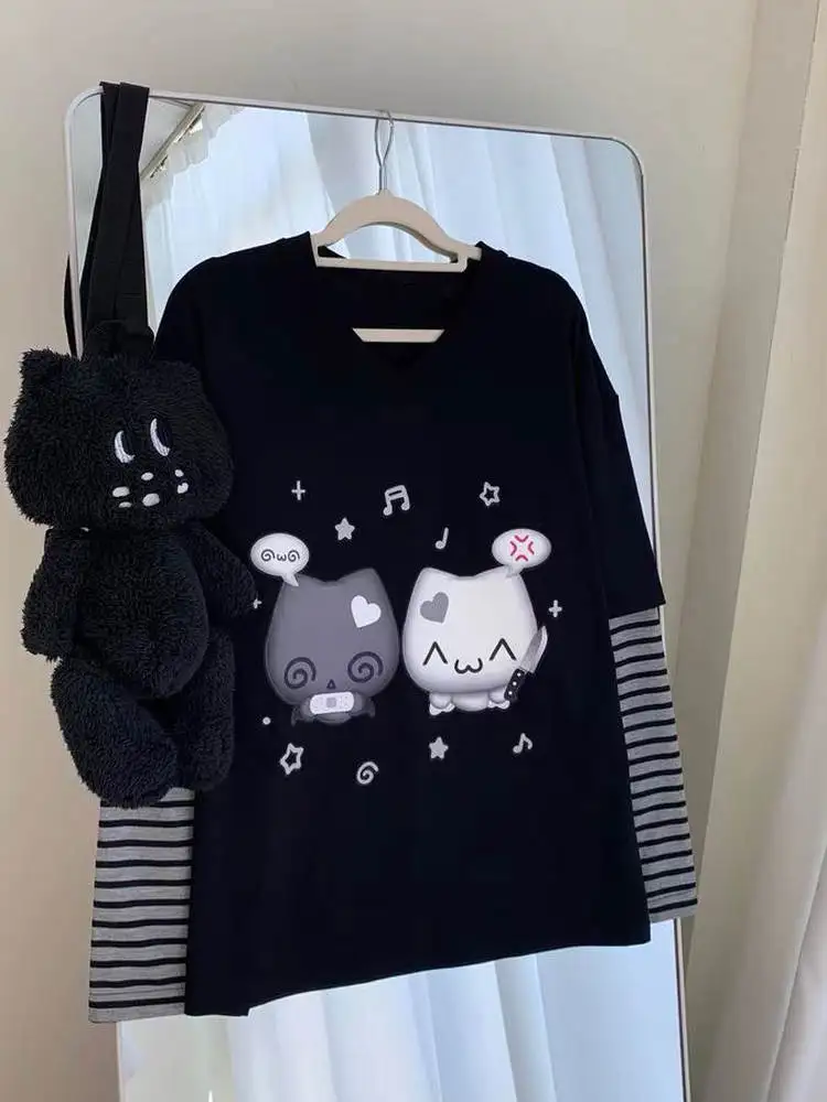 

Japanese Style Long Sleeve Striped T-Shirt Hoodie Autumn Winter Subculture Cute Homebody Two-Piece Set Student Uniform