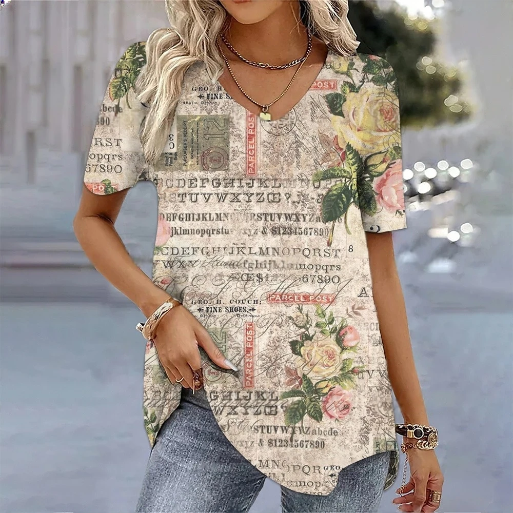 New Floral Print T-Shirt for Women Summer V-Neck Pullover Tops Female Oversized Short Sleeve Tees Fashion Basic Ladies Clothing