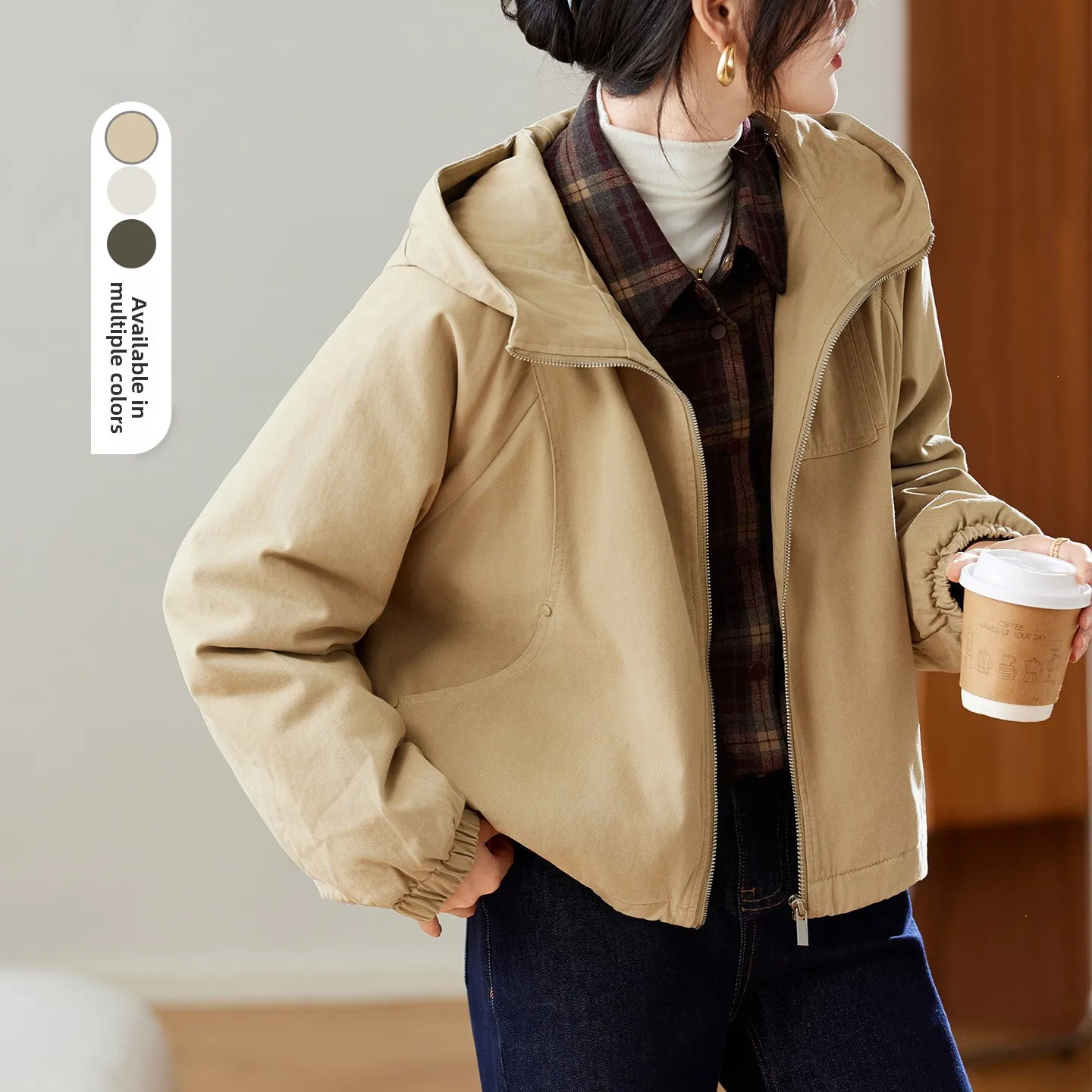 

Женская свободная куртка с капюшоном и длинными рукавами, осенне-зимняя одежда, цвет хаки, хлопок, повседневный свободный топ