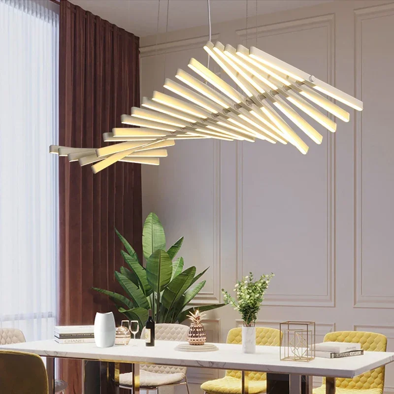 Modern Designer Stainless Steel Fishbone Led Chandelier For Dining Table Living Room Variety Modeling Dimming Hanging Lamp