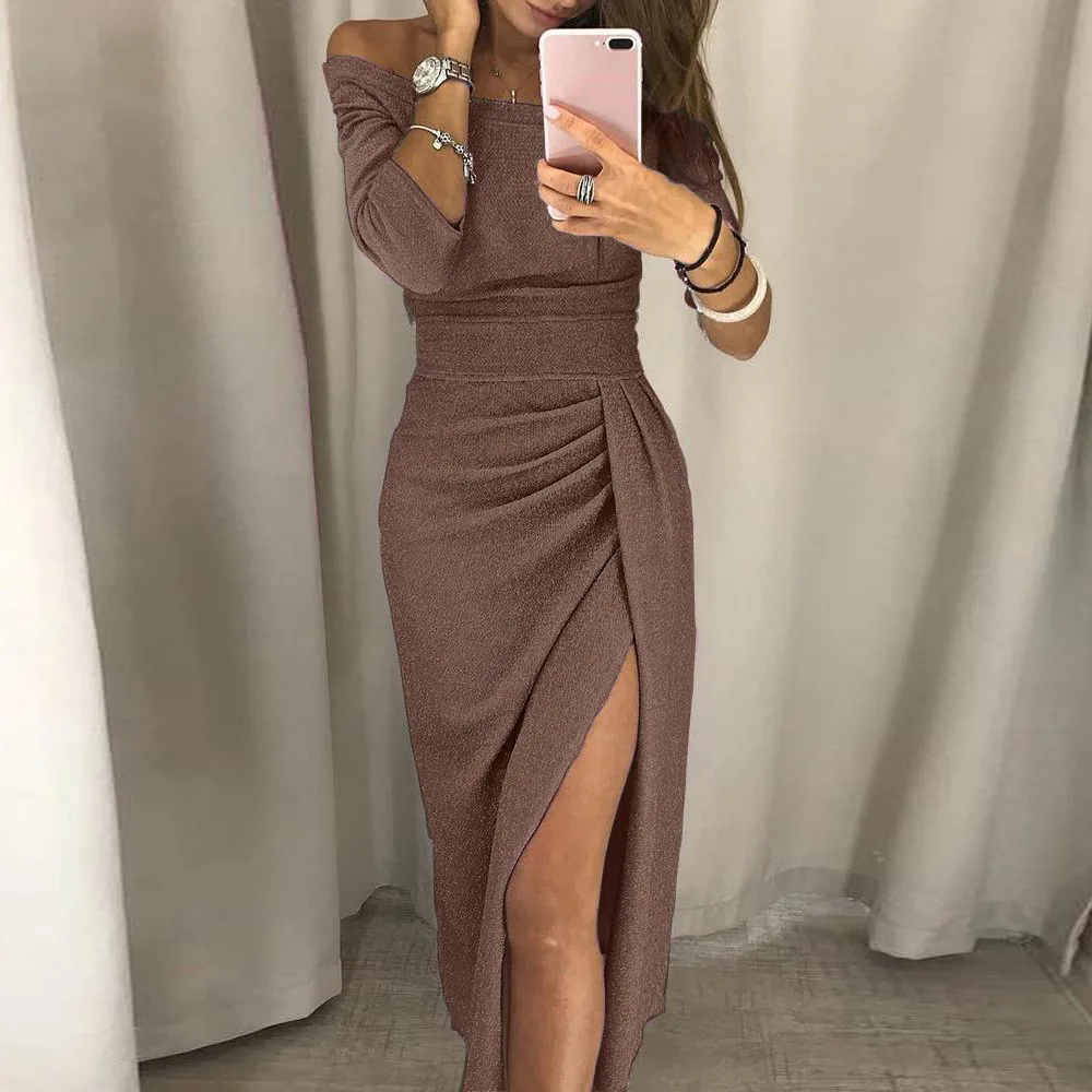 2024 New Women's Dresses Off Shoulder Long Sleeve Sequin Bodycon Evening Long Dress Asymmetr Side Split Pencil Party Dresses