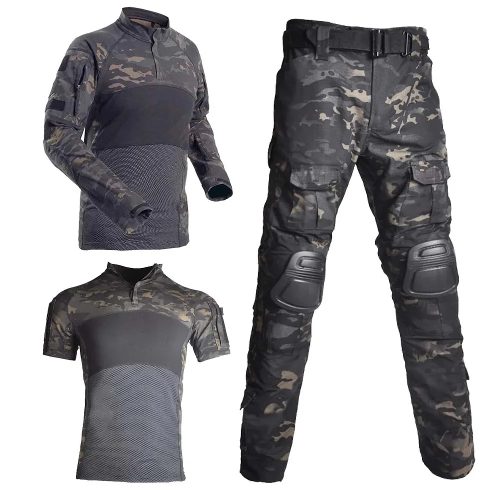 Pants Military Tactical Shirts Camo +Pads Pant Airsoft Clothes Tactic Hiking T-shirts Combat Uniform Army Hunt for Men