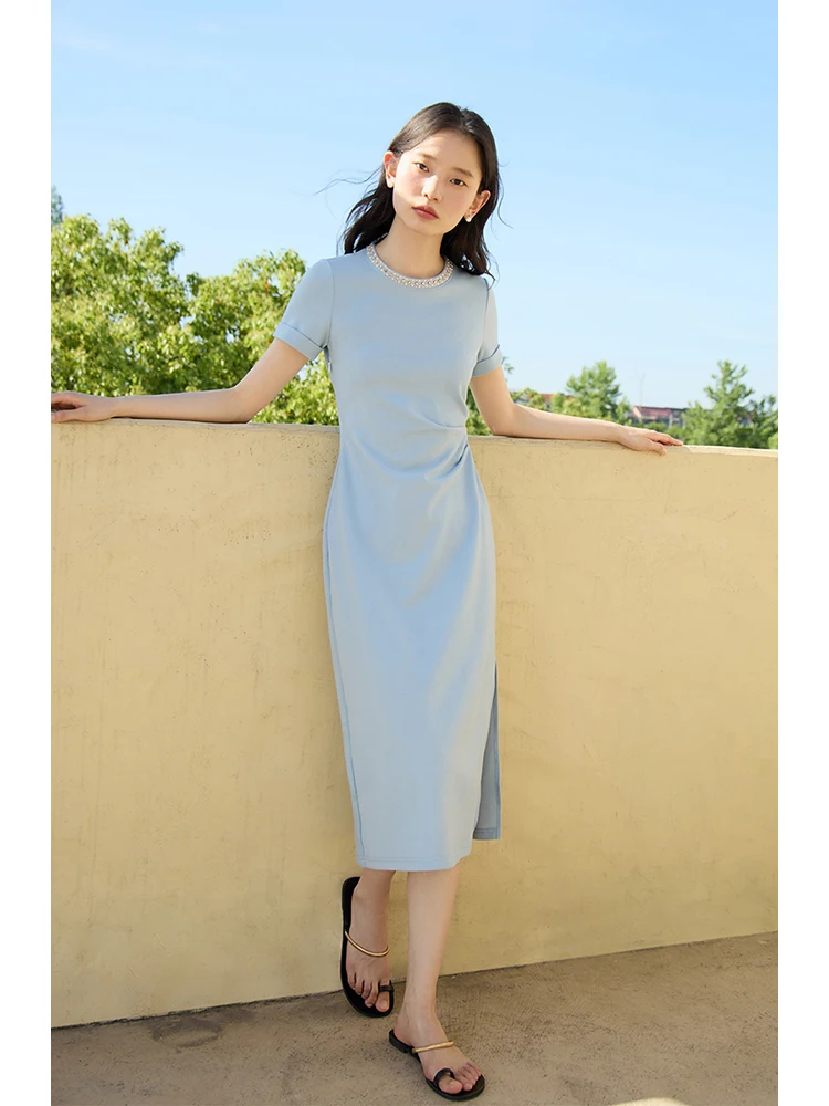 ZIQIAO Women T-Shirt Long Dress Beaded Neckline Design Women Round Neck Pleated Dress Summer Blue Female Dresses 24ZQ92465