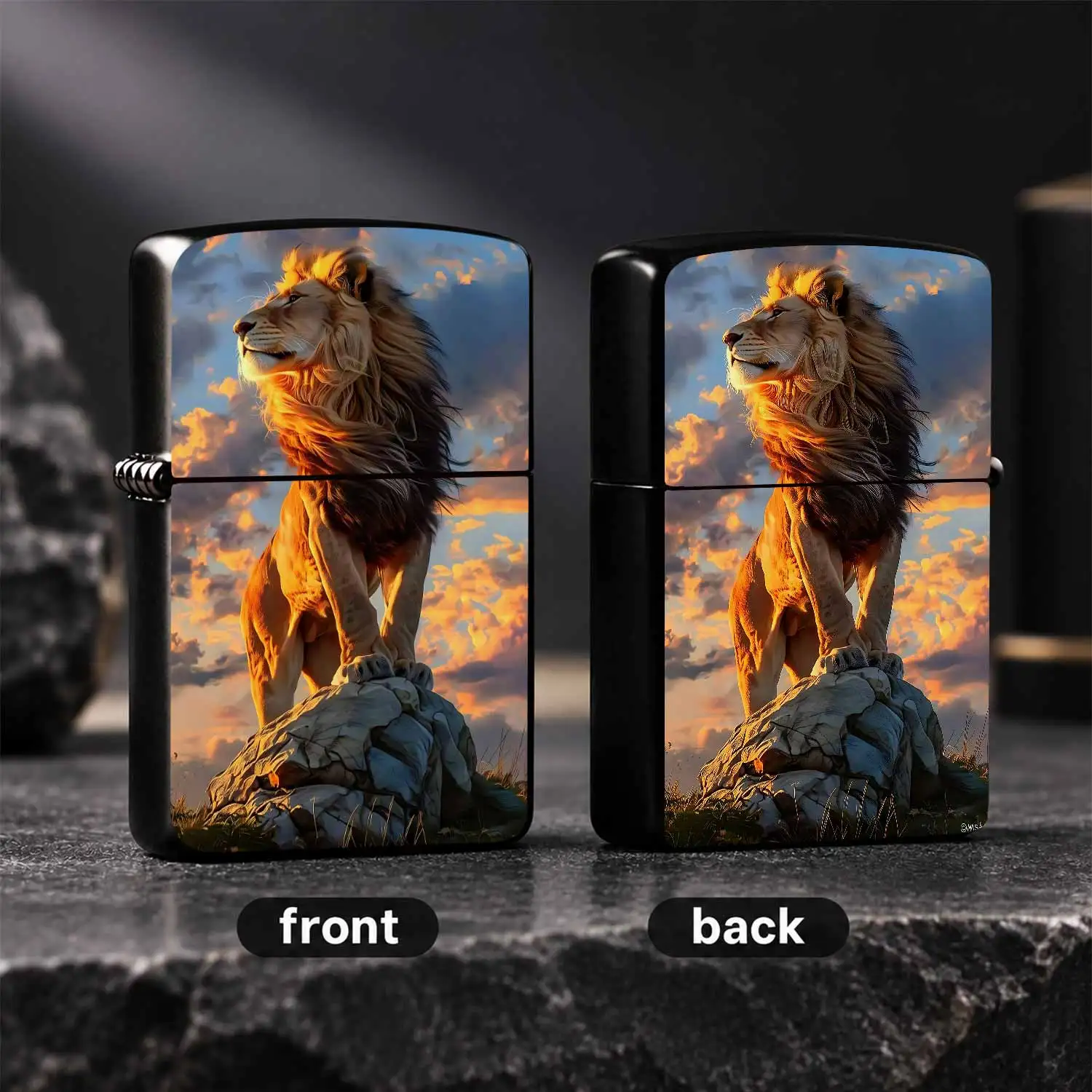 Portable Lighter With Majestic Lion Standing On Rock Sunset Scenery Print, Ideal For Outdoor Camping, Daily Travel, Gifting To Friends, Suitable For All Scenarios, Stylish Durable Creative Atmosphere Enhancing Practical A Humorous And Inter