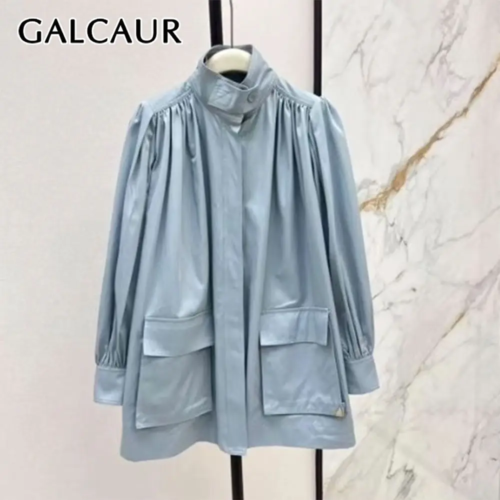 

GALCAUR Blue Spliced Folds Basics Jacket Female Lapel Long Sleeve Loose Design Office Lady Women's Jackets Fashion Autumn New