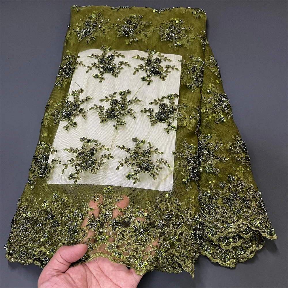 

2025 Latest High Quality African Nigerian With Tulle Sewing Lace Fabric Guipure Embroidery Sequins Beads Dresses ZJ020 5Yards