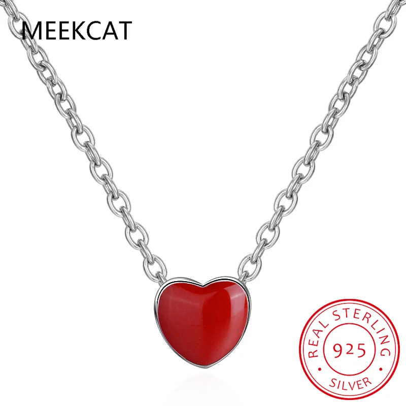Real 925 Sterling Silver Red Enamel Hearts Pendant Necklace for Women Statement Fine Jewelry Collar Colar de Prata RHN734