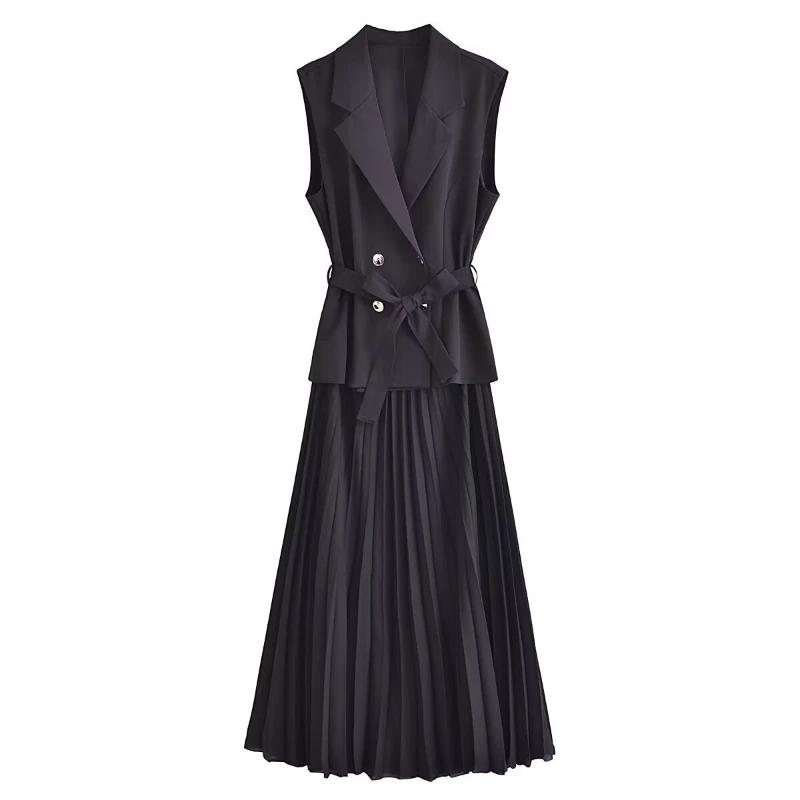 

Fashion Sleeveless Office Party Dress Ruched Midi Evening Dresses New in Summer Solid Color Elegant Pleated Vests Long Dresses