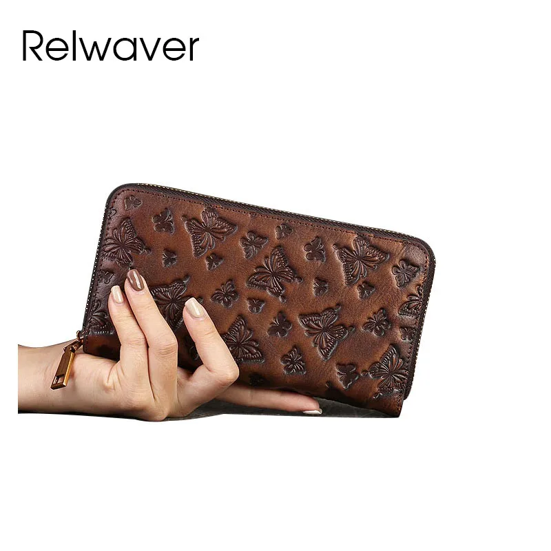 Relwaver-女性用の本物の牛革レザーバタフライウォレット、ロングジッパークラッチ、パーティー財布、春、夏、2022