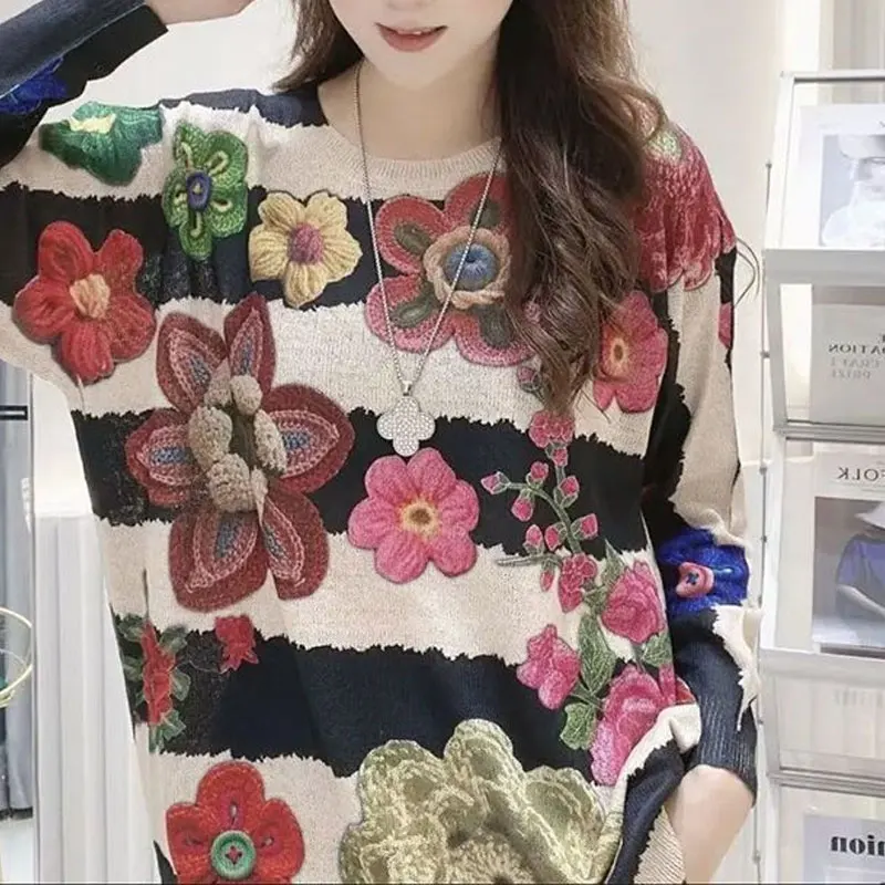 Korean Loose Floral Printed Round Neck Knitted T-shirt 2024 Women\'s Clothing All-match Fashion Chic Patchwork Long Sleeve Tops