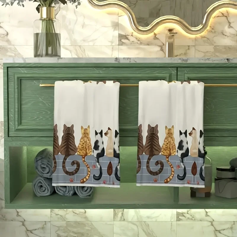 2-piece set, cute cat back printed towel, modern absorbent rag, cooking and baking tea towel, dish towel scouring cloth.