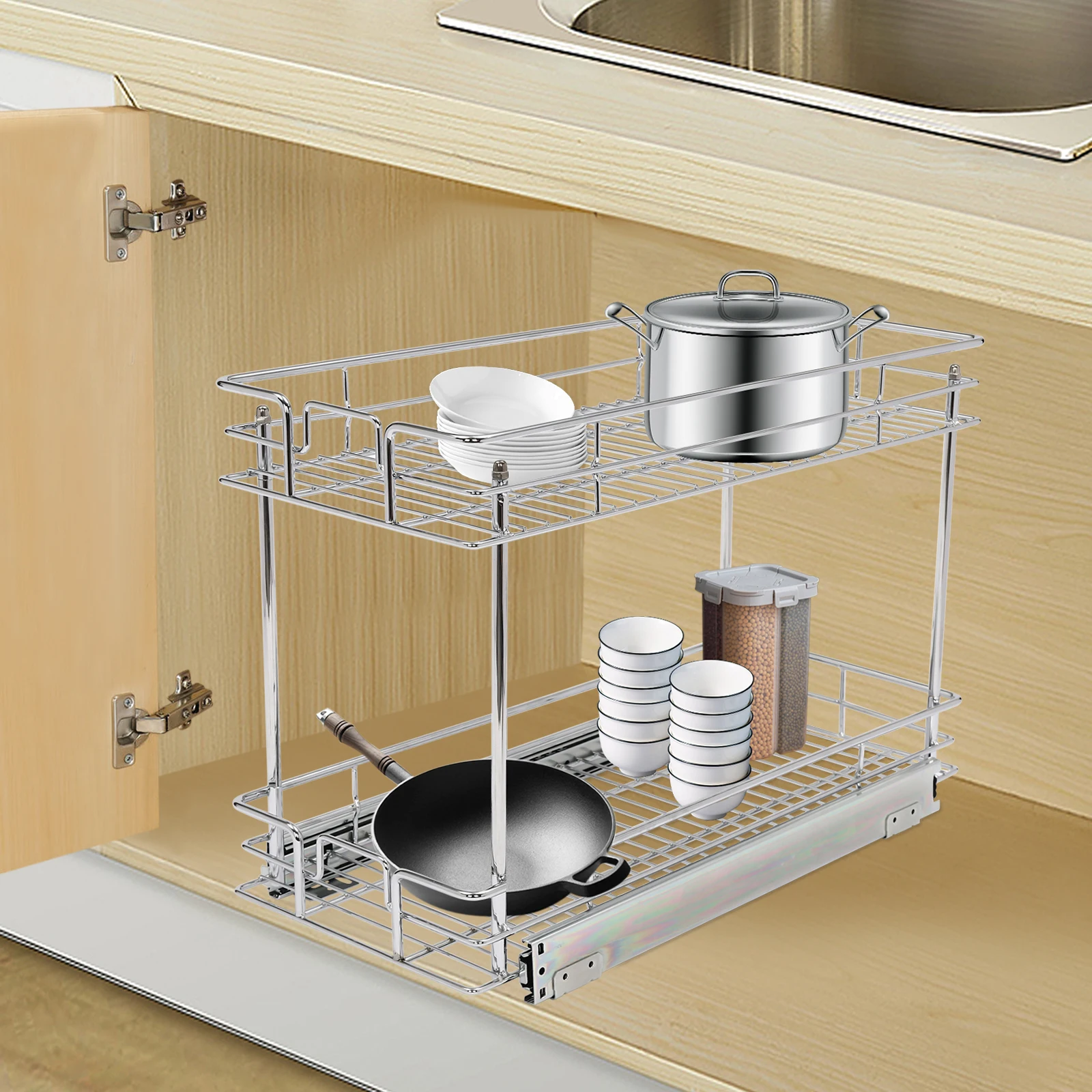

Metal Storage Rack, Pull Out Cabinet Organizer Shelf, 2-Tier Cabinet Pull Out Shelves, Kitchen Cabinet Organizer