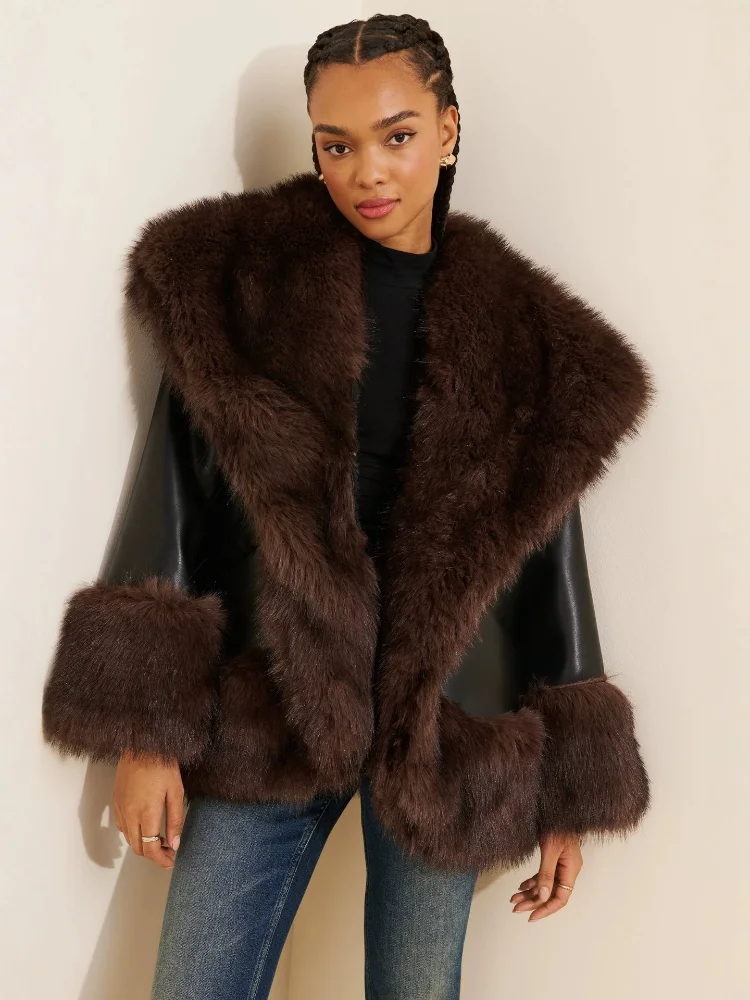 Ladies Warm Winter Outerwear Long Sleeve Open Front Faux Leather Jacket Faux Fur Collar Cuff Fashion Streetwear Coat Daily Look