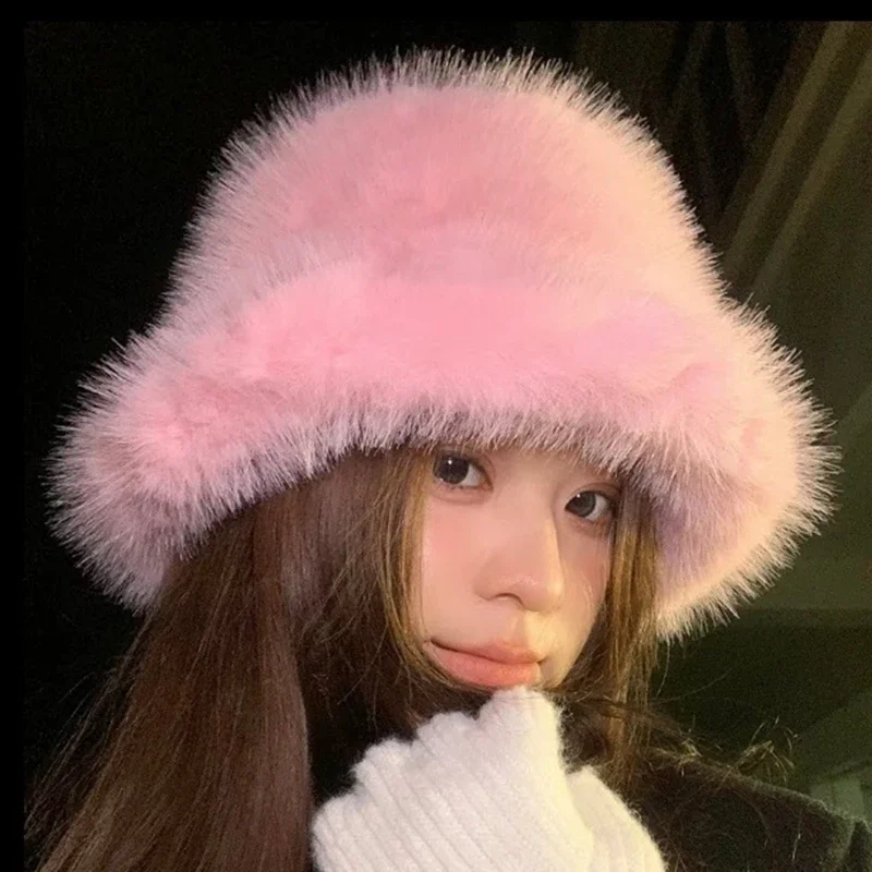 

Winter Thick Warm Furry Beanies Hat Women Fashion Imitation Mink Fur Russian Cap Solid Color Plush Brimless Cap Brimless Ski Hat