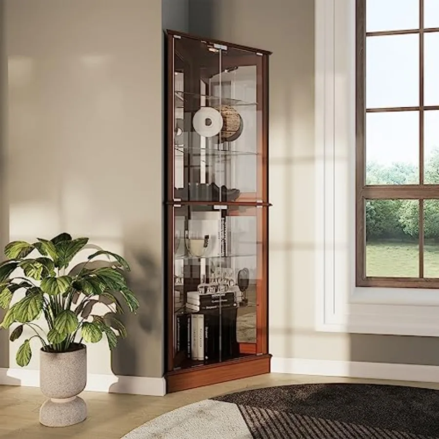 Lighted Corner Display Curio Cabinet for home bar use, wooden material, walnut finish, tempered glass door and 6 adjustable she