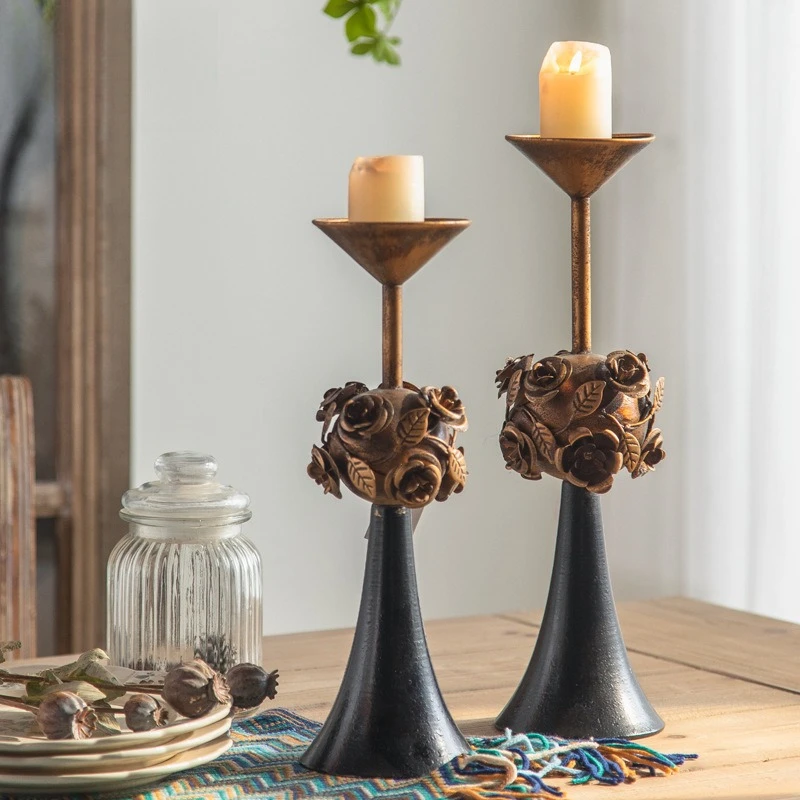

European Vintage Carved Floral Iron Candle Holder Candlesticks for Candles Room Decoration Home Decor Wedding Table Ornament