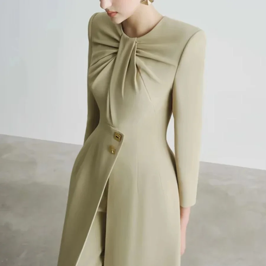 Boutique wholesale solid color fashion women's coat 2024 new elegant pleated round neck waist button slit long women's suits