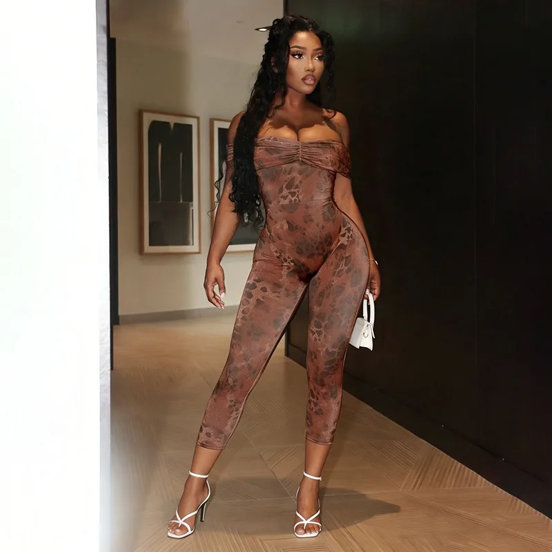 

Женский сексуальный комбинезон KEXU с плиссировкой, без бретелек, с леопардовым принтом и открытыми плечами