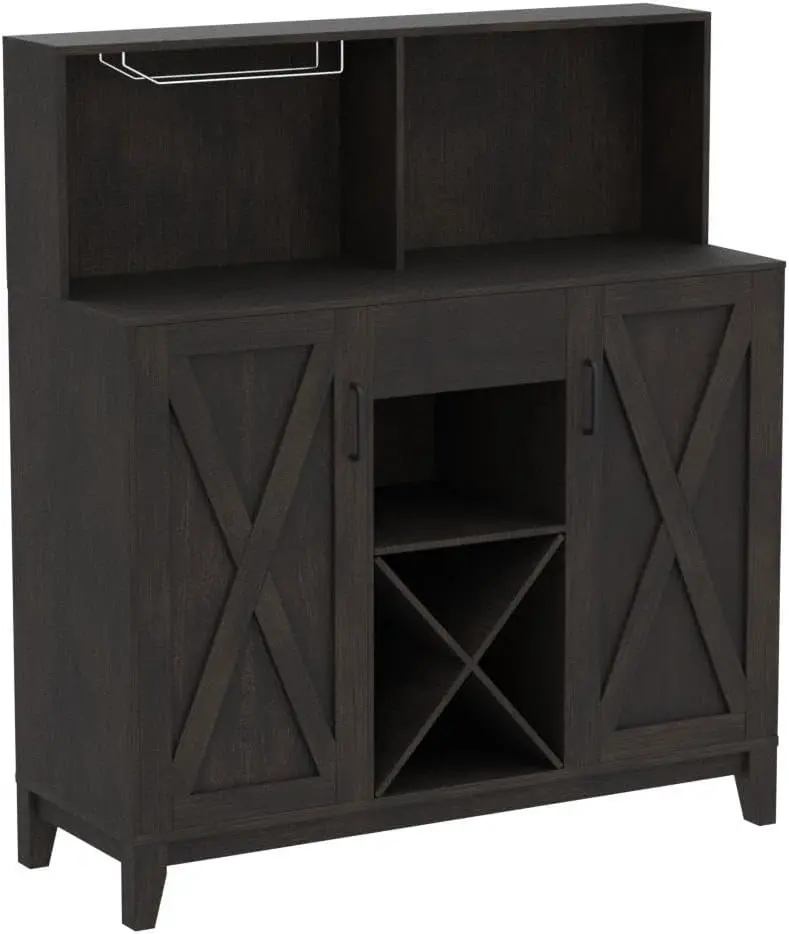 Modern Farmhouse Coffee Bar Cabinet, Barn Doors, Wine Liquor Bar Cabinet com Storage Hutch, Kitchen Sideboard Buffet